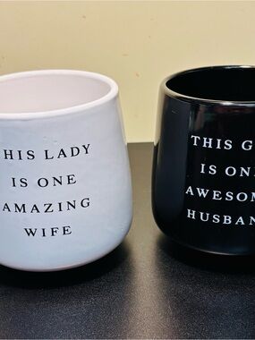 Set of two ceramic mugs featuring personalized text for a husband and wife